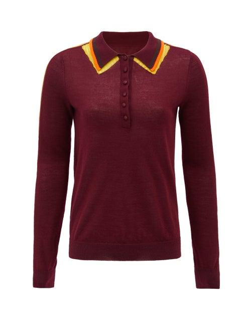 Matchesfashion.com Gabriela Hearst - Manuel Crochet-panel Knit Long-sleeved Polo Top - Womens - Burgundy