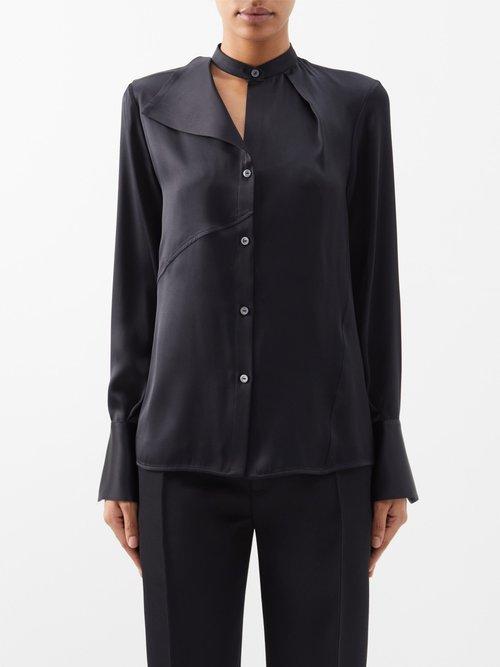 Jil Sander - Asymmetric Drape-lapel Silk-satin Blouse - Womens - Black
