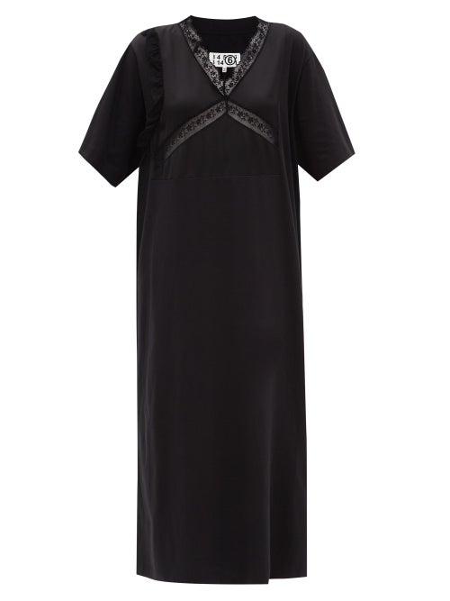 Matchesfashion.com Mm6 Maison Margiela - Lace-insert Cotton-sateen Midi Dress - Womens - Black