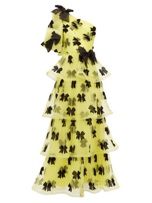 Matchesfashion.com Rodarte - Bow One Shoulder Tiered Tulle Gown - Womens - Yellow Multi