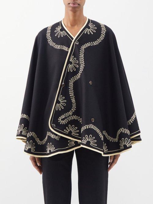 Bode - Floral Cording Wool Cape - Womens - Black Cream