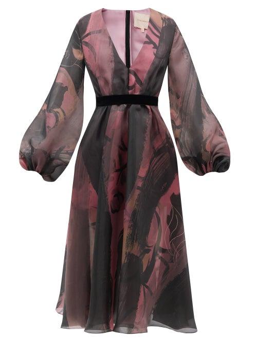 Roksanda - Nyana Balloon-sleeve Abstract-print Organza Dress - Womens - Black Multi