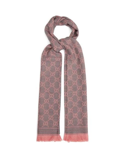 Gucci - Gg-jacquard Reversible Wool Scarf - Womens - Pink Silver