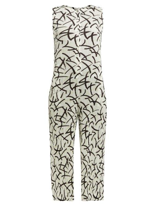 Matchesfashion.com Pleats Please Issey Miyake - Abstract Dash Print Pleated Jumpsuit - Womens - White Black