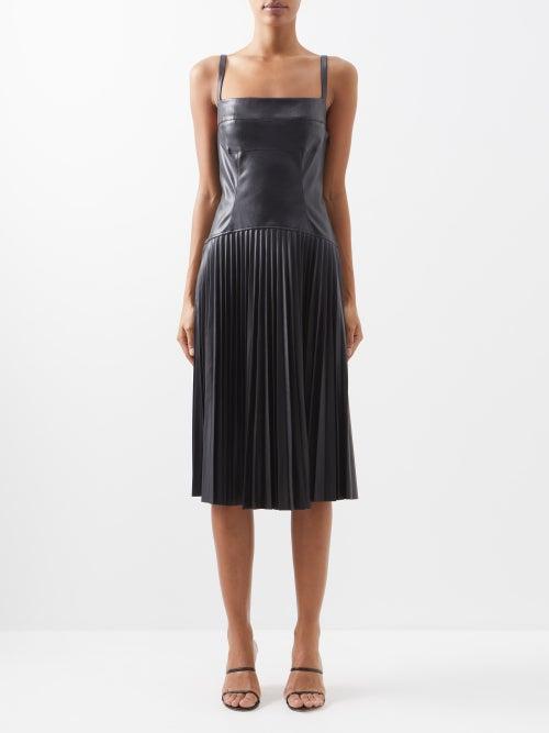Proenza Schouler White Label - Square-neck Pleated Faux-leather Midi Dress - Womens - Black