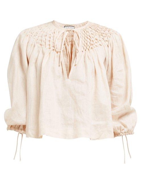 Matchesfashion.com Innika Choo - Smocked Collar Linen Blouse - Womens - Light Pink