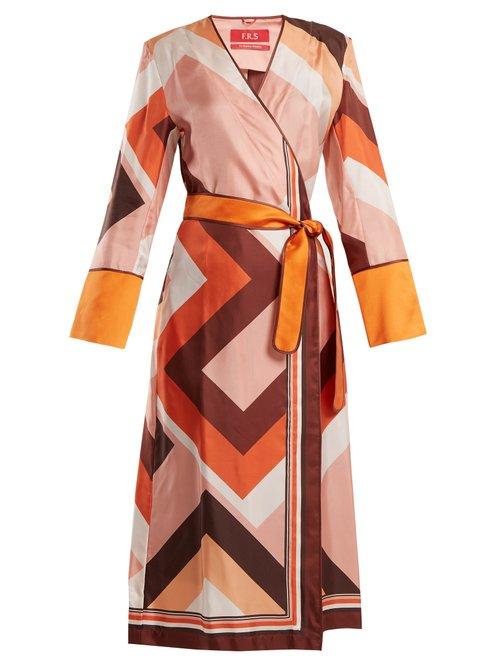 Matchesfashion.com F.r.s - For Restless Sleepers - Dolos Geometric Print Silk Wrap Dress - Womens - Orange Print