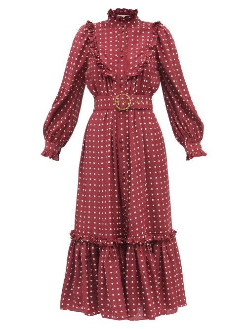 Zimmermann - Belted Polka-dot Crepe Midi Dress - Womens - Burgundy