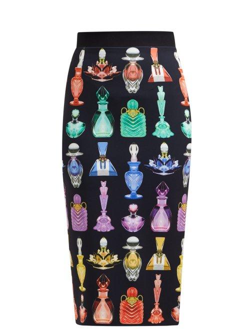 Matchesfashion.com Mary Katrantzou - Opium Perfume Print Crepe Pencil Skirt - Womens - Black Multi