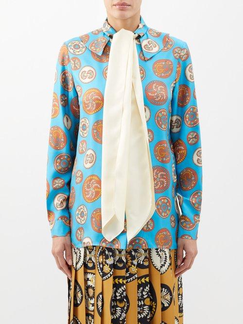 Gucci - Gg Paisley-print Scarf-neck Silk Blouse - Womens - Blue Multi