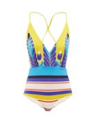 Matchesfashion.com Valentino - V-neck Baiadera-print Swimsuit - Womens - Yellow Multi