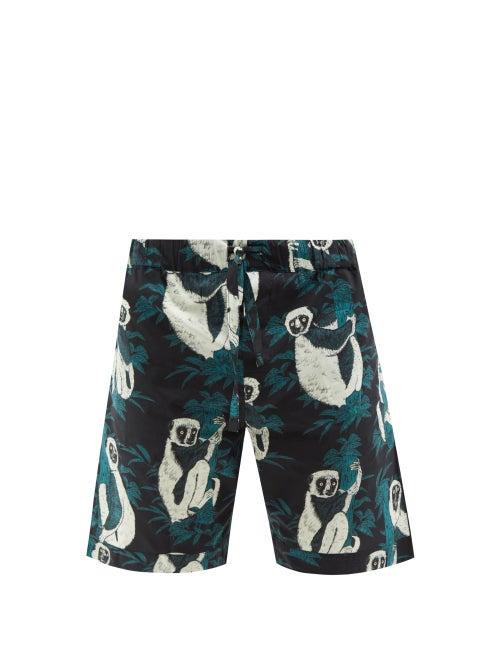 Mens Basics Desmond & Dempsey - Sifaka Lemur-print Cotton-poplin Pyjama Shorts - Mens - Black Multi