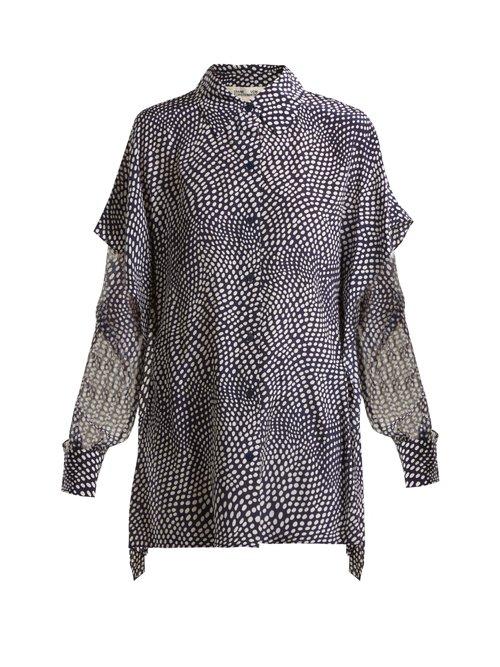 Matchesfashion.com Diane Von Furstenberg - Dot Print Sheer Sleeve Silk Crepe De Chine Shirt - Womens - Navy White