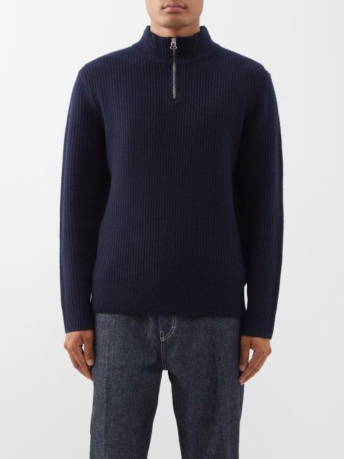 A.p.c. - Alex Quarter-zip Ribbed-wool Sweater - Mens - Navy