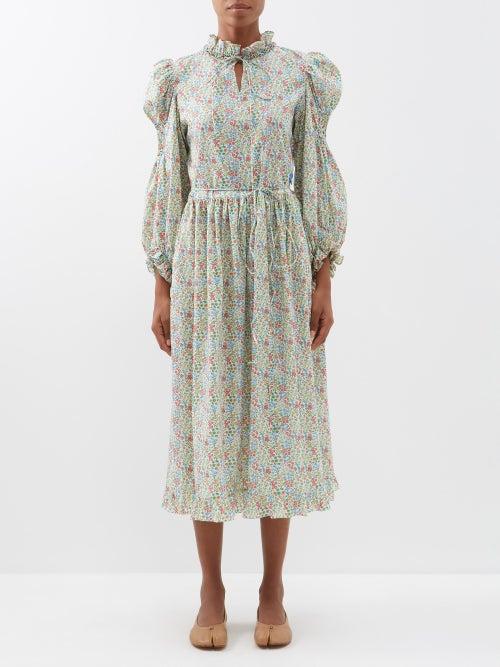 Horror Vacui - Yuzuki Puffed-sleeve Floral-print Cotton Dress - Womens - Blue Red