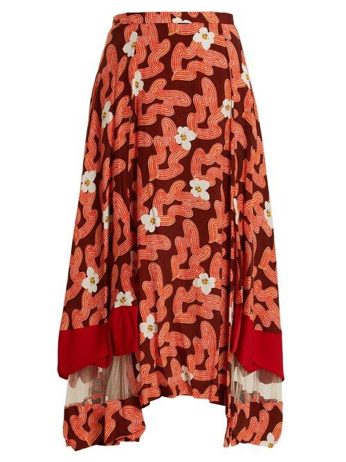 Matchesfashion.com Toga - Abstract Floral Print Panelled Midi Skirt - Womens - Red