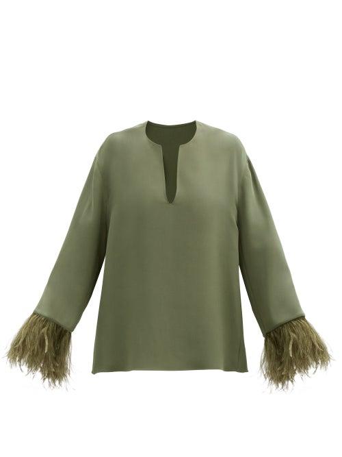 Matchesfashion.com Valentino - Feather-trimmed Silk Blouse - Womens - Khaki