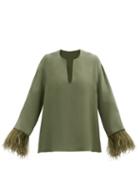 Matchesfashion.com Valentino - Feather-trimmed Silk Blouse - Womens - Khaki