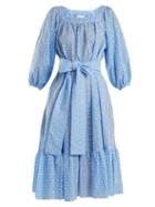 Matchesfashion.com Lisa Marie Fernandez - Floral Embroidered Balloon Sleeve Cotton Dress - Womens - Blue Multi