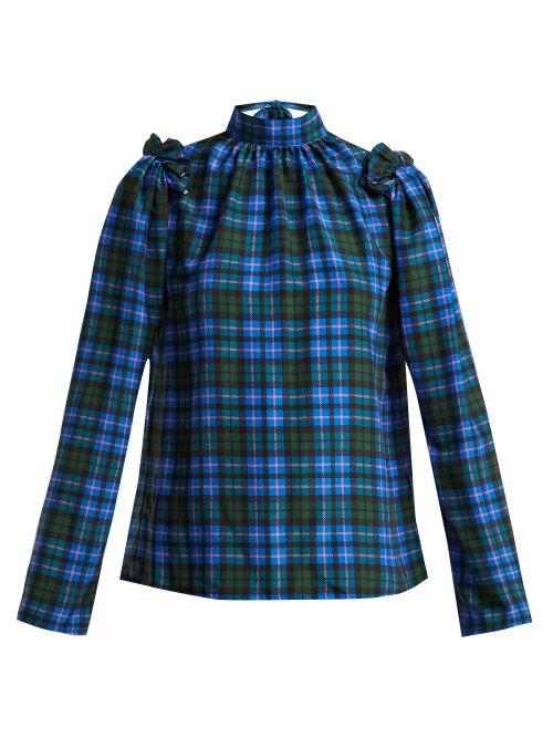 Matchesfashion.com Msgm - High Neck Tartan Blouse - Womens - Blue