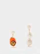 Joolz By Martha Calvo - Winking Face Pearl Mismatched Gold-plated Earrings - Womens - Orange Multi