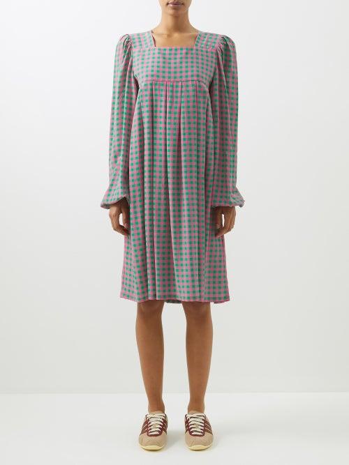 Caro Editions - Gingham Silk Crepe De Chine Smock Dress - Womens - Pink Green