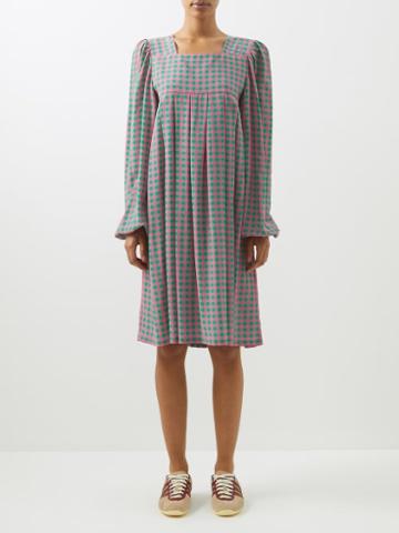 Caro Editions - Gingham Silk Crepe De Chine Smock Dress - Womens - Pink Green
