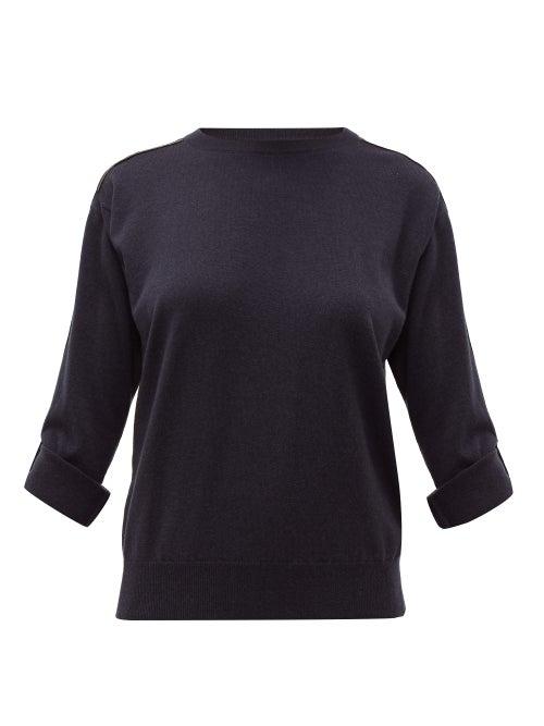 Matchesfashion.com Brunello Cucinelli - Grosgrain Appliqu Cashmere Sweater - Womens - Dark Blue