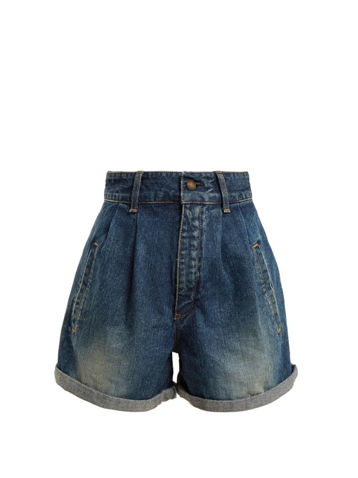 Saint Laurent Pleated High-rise Denim Shorts