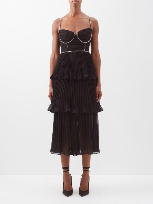 Self-portrait - Crystal-embellished Tiered Chiffon Midi Dress - Womens - Black