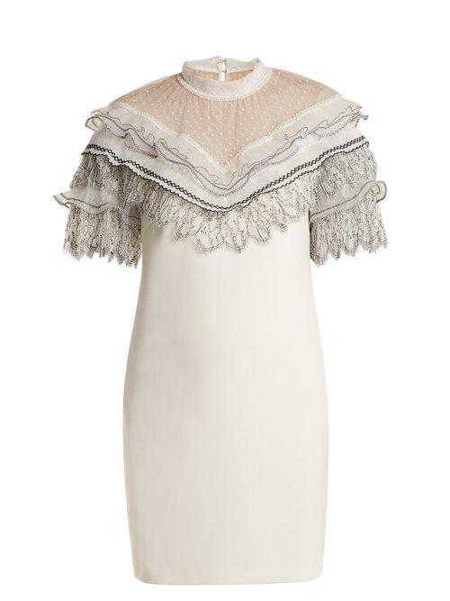 Matchesfashion.com Self-portrait - Lace Trimmed Short Sleeved Cady Dress - Womens - Ivory