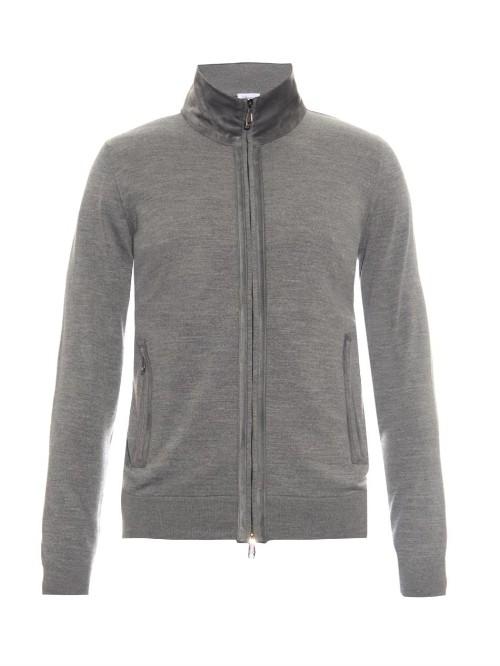 Brioni Suede-trim Wool-knit Top