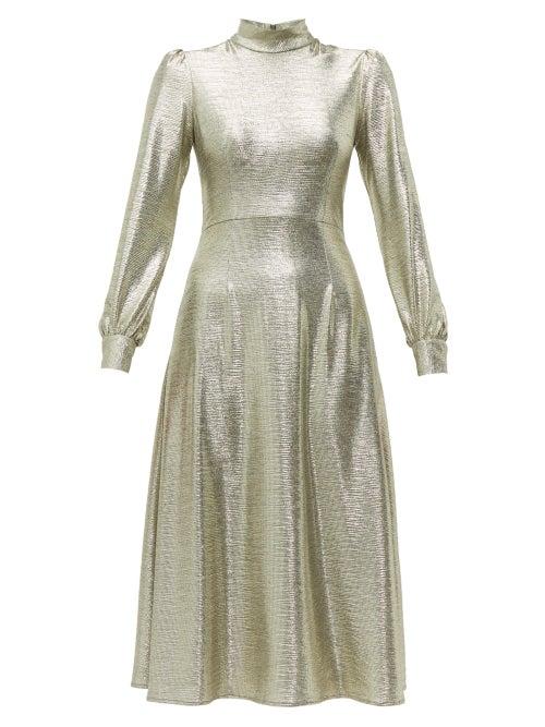 Matchesfashion.com Goat - Goldfinch Balloon Sleeve Foiled Jersey Midi Dress - Womens - Silver