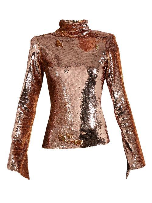 Matchesfashion.com Halpern - Sequin Embellished High Neck Top - Womens - Gold