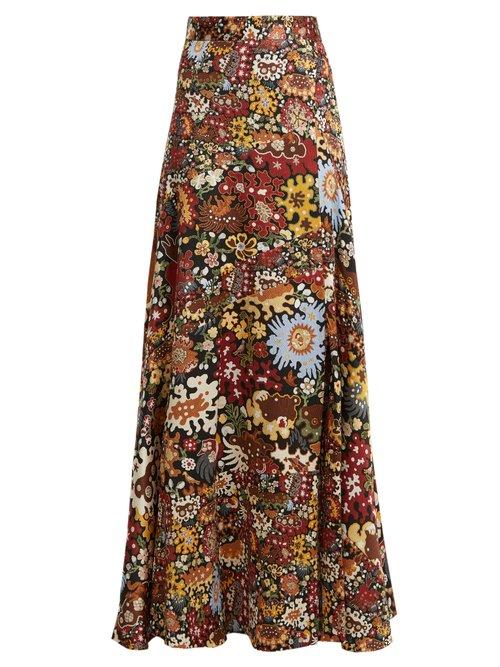 Matchesfashion.com Peter Pilotto - Floral Print Silk Maxi Skirt - Womens - Burgundy Multi