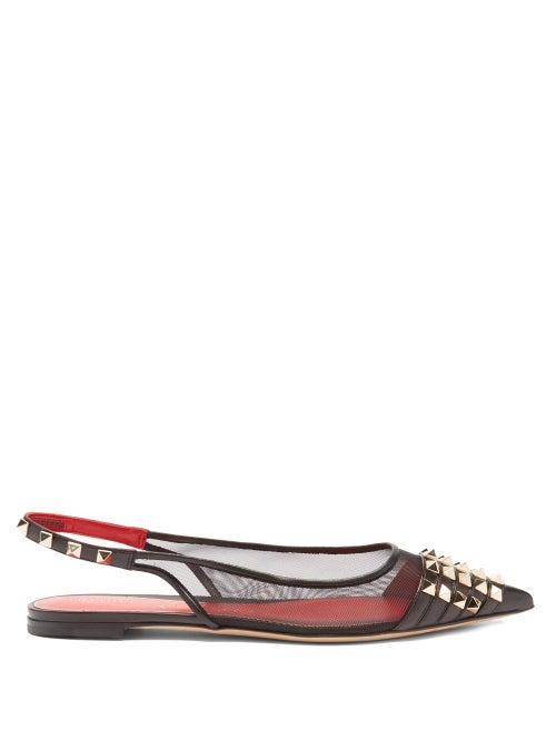 Valentino Garavani - Rockstud Point-toe Leather And Mesh Ballet Flats - Womens - Black