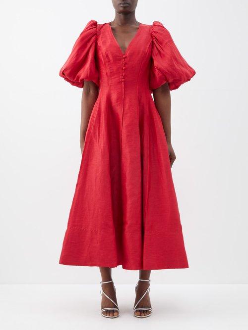Aje - Dusk Puff-sleeve Linen-blend Midi Dress - Womens - Red