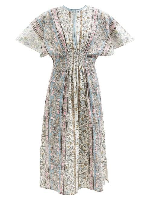 D'ascoli - Helga Shirred Floral-print Cotton-khadi Dress - Womens - Blue Multi