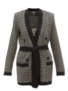 Matchesfashion.com Balmain - Monogram-jacquard Belted Wool-blend Cardigan - Womens - Black White