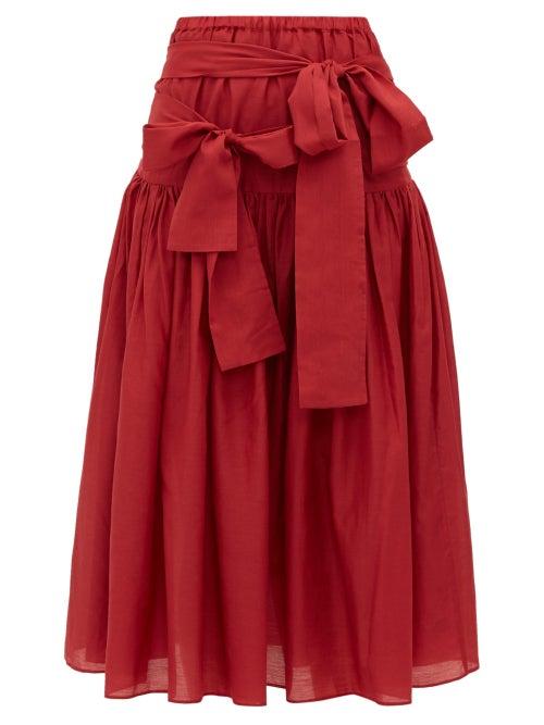 Matchesfashion.com Sara Lanzi - Waist Tie Cotton Blend Poplin Midi Skirt - Womens - Red