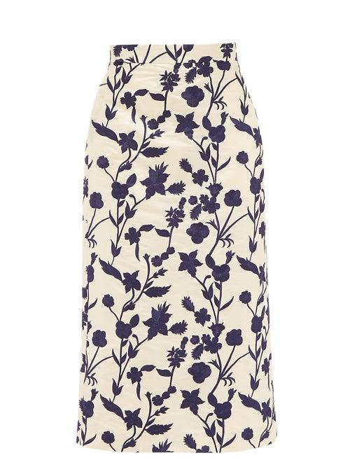 Matchesfashion.com Brock Collection - Floral-embroidered Shantung Pencil Skirt - Womens - Ivory Multi