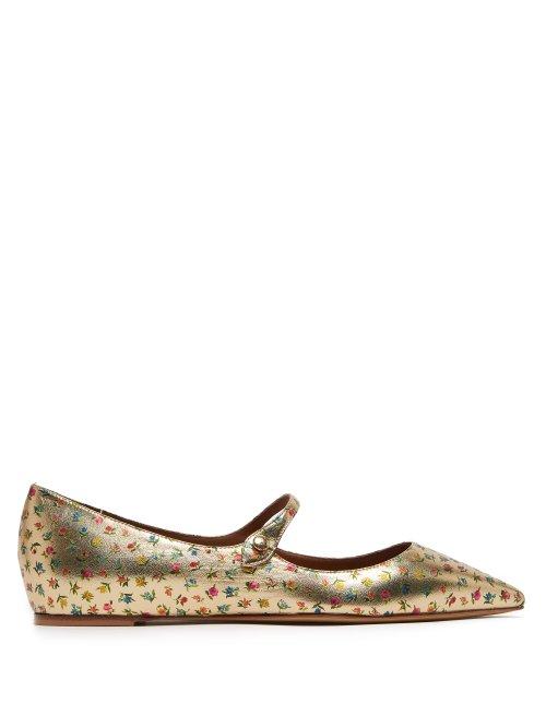 Matchesfashion.com Tabitha Simmons - Hermione Floral Print Leather Mary Jane Flats - Womens - Gold Multi