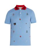 Matchesfashion.com Gucci - Embroidered Cotton Polo Shirt - Mens - Light Blue