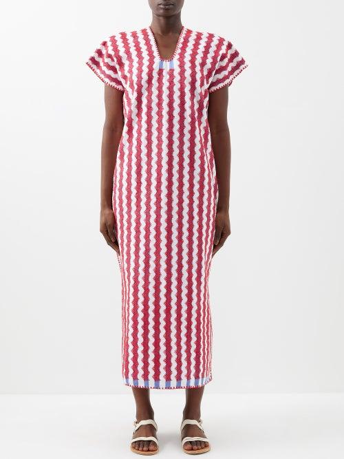 Pippa Holt - Zigzag-embroidered Striped Cotton Kaftan Dress - Womens - Red Blue