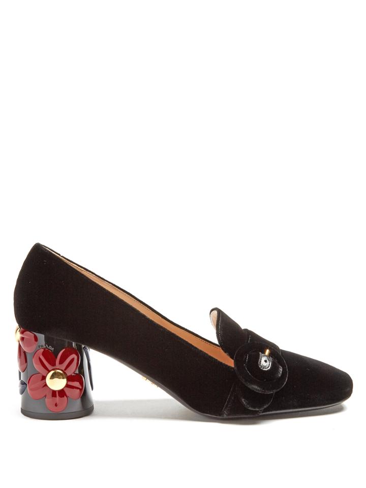 Prada Flower-embossed Heel Velvet Pumps