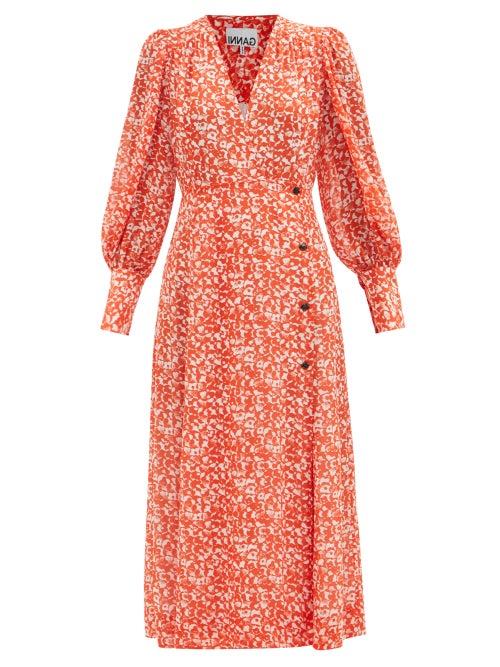 Ganni - Balloon-sleeve Floral-print Crepe Midi Dress - Womens - Orange Multi