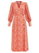 Ganni - Balloon-sleeve Floral-print Crepe Midi Dress - Womens - Orange Multi