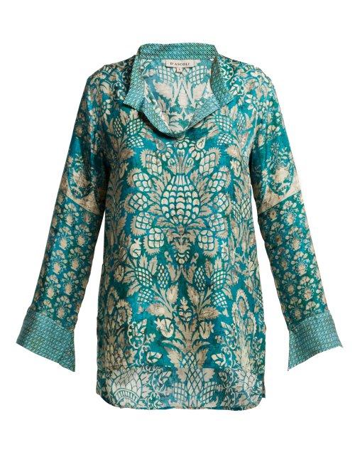 Matchesfashion.com D'ascoli - Fresco Floral Print Silk Blouse - Womens - Blue