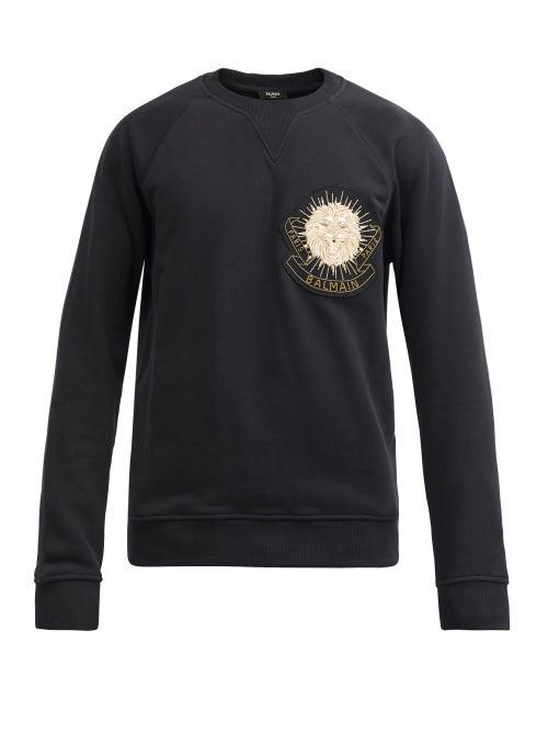 Matchesfashion.com Balmain - Beaded Lion-appliqu Cotton Sweatshirt - Mens - Black
