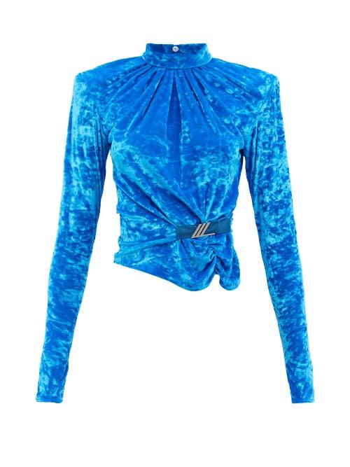 The Attico - Padded-shoulder Velvet Top - Womens - Mid Blue